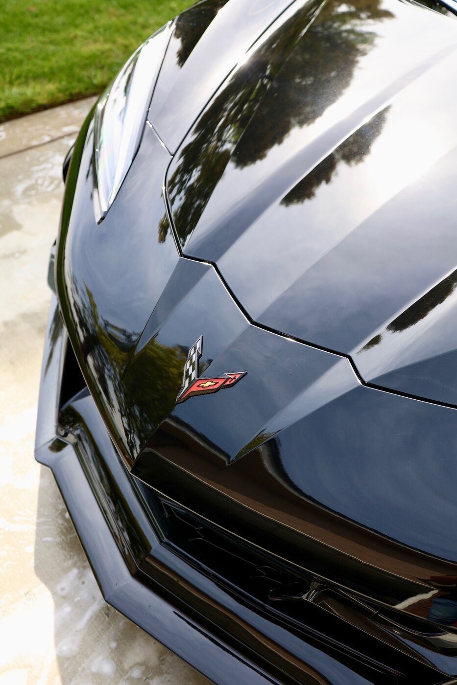 Close-up of glossy black paint reflecting trees like a mirror